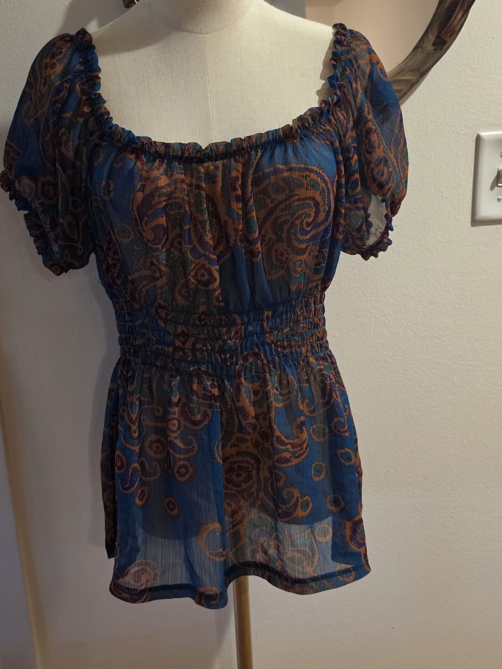 Forever 21 Blue and Brown Paisley Peasant Blouse